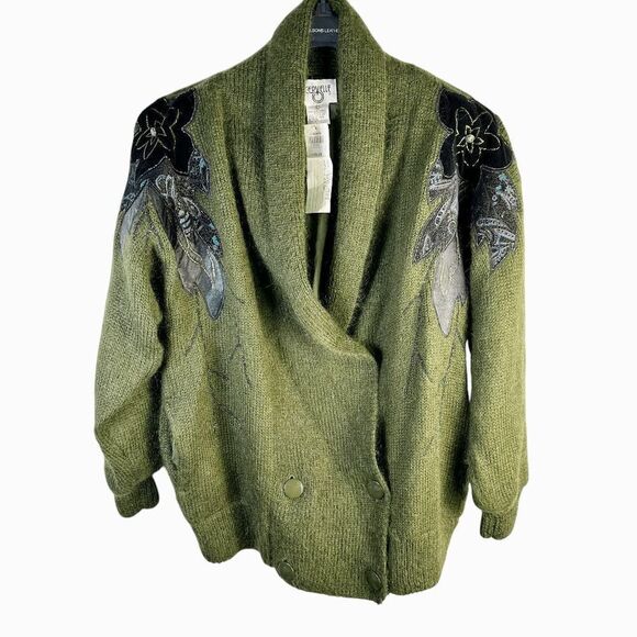 Cervelle Mohair Blend Cardigan Beaded Floral Applique Green Sweater Size L NEW - Picture 1 of 11